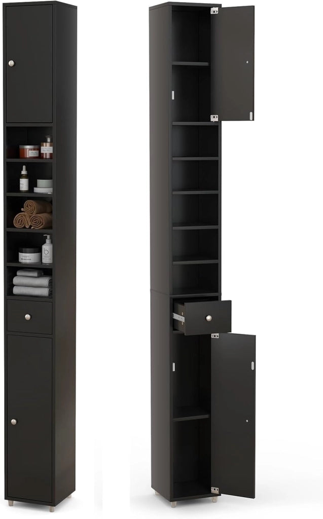 Armadio da Bagno Sottile e Alto con Ante, Mobiletto Bagno Salvaspazio Cassetto e Ripiani Regolabili, Design Moderno, 20 x 20 x 180 cm, 4 Colori