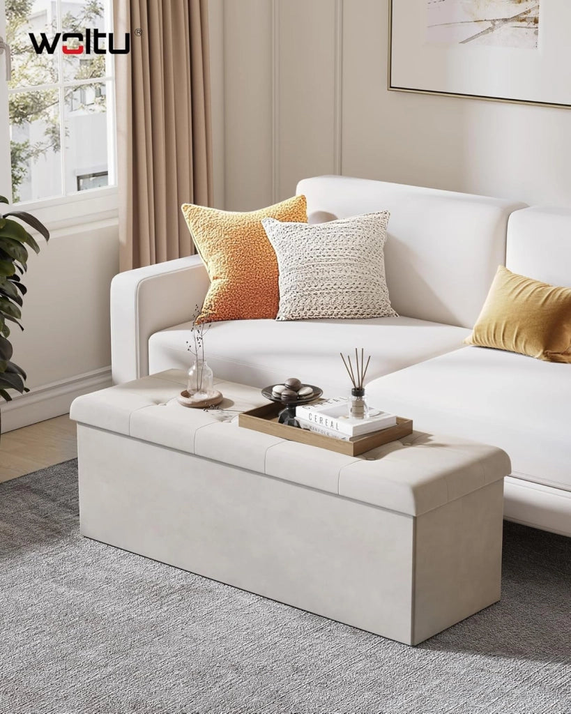 WOLTU Poggiapiedi Cassapanca Contenitore Scarpiera Pouf Sgabello Pieghevole Panca con Coperchio Sedia Bassa in Velluto Crema 110x37,5x38 cm