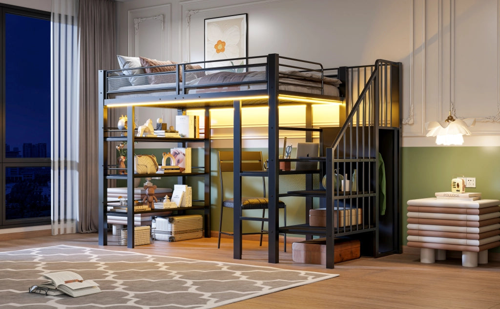 LETTO A CASTELLO 90x200 cm in metallo nero con scrivania e scaffale