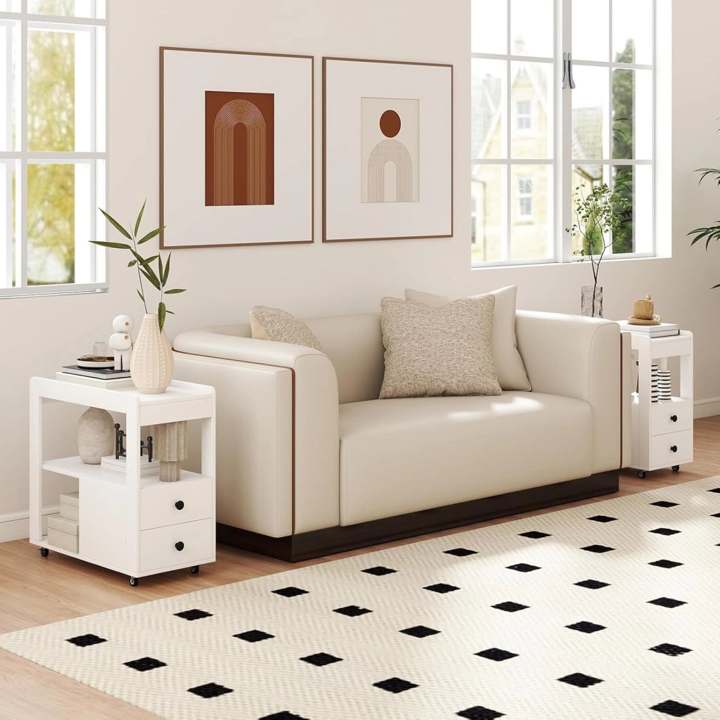 Tavolino da Salotto, Tavolino Moderno Laterale a 2 Cassetti con Ripiani Aperti e Ruote Universali Bloccabili, Tavolo Stretto per Soggiorno, Camera da Letto e Ufficio (Bianco)