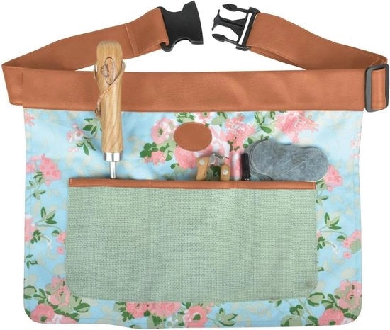 Racchetta per giardinaggio in juta con disegno di rose, 46 x 1 x 34 cm, con tasca, con chiusura a clip