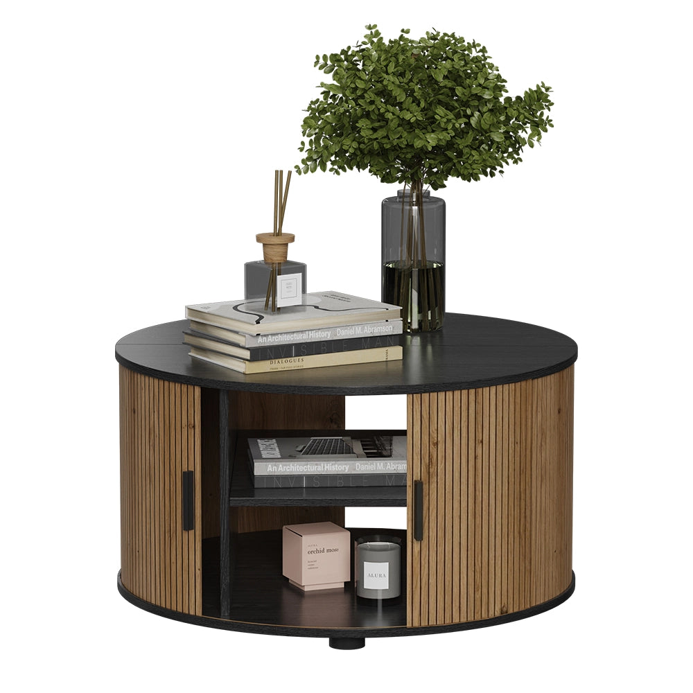 Tavolino soggiorno Selva Rovere/Nero 80 x 80 cm con porta scorrevole Vicco