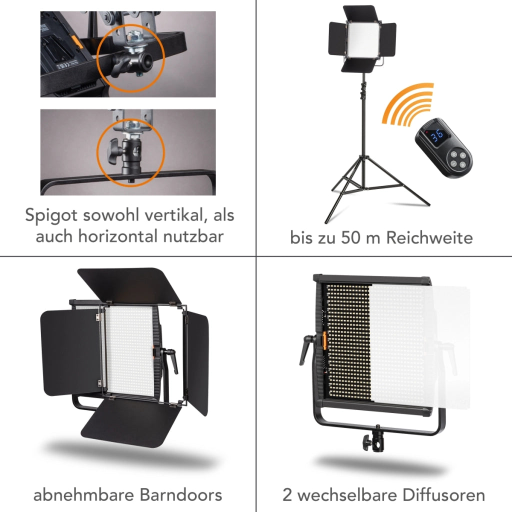 2x LED Niova 100-F Pro 100 W bi-color panel light set con 2x treppiede per lampada e 2x batteria con attacco a V, luce video dimmerabile, luce da studio con luce soffusa