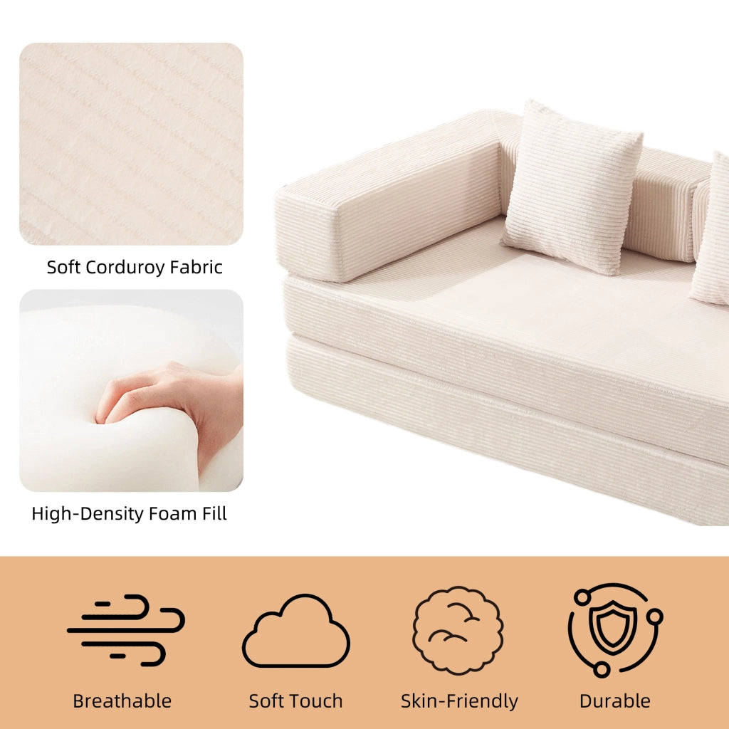 Divano letto pieghevole da pavimento con schienale e braccioli in velluto a coste bianco 185 × 92,5 × 60 cm