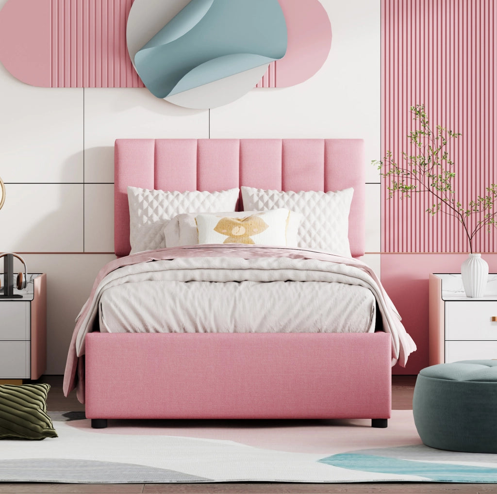 Letto imbottito singolo 90x200 cm con contenitore idraulico rosa