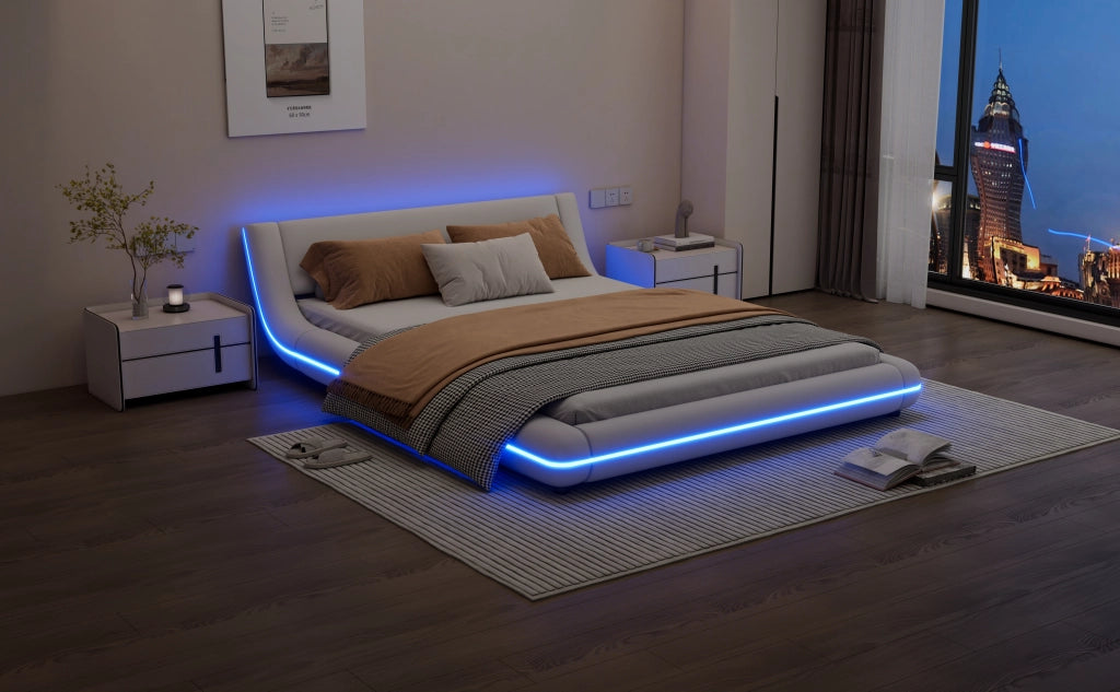 DESMIU Lit basso 140 × 200 cm 2 posti con LED regolabile, senza materasso, in PU e MDF, bianco