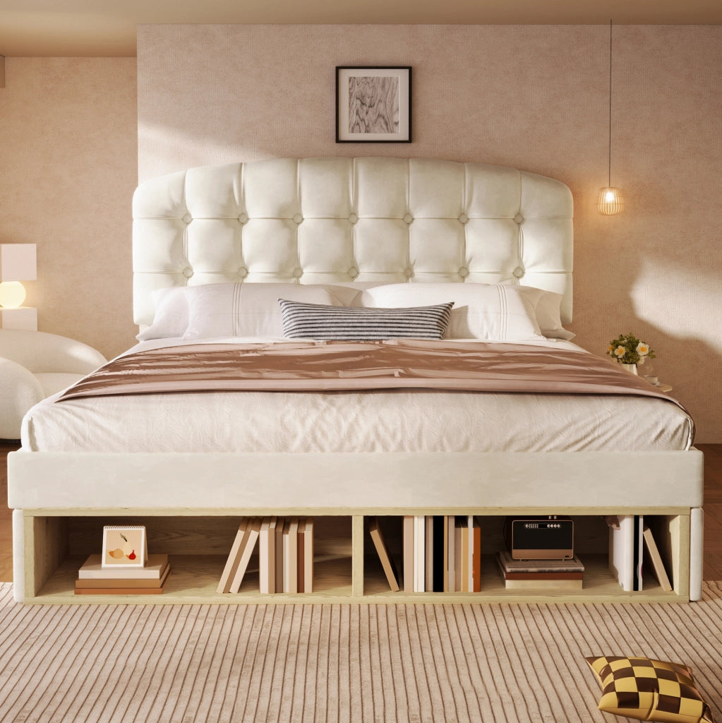 Letto imbottito beige con testiera regolabile, contenitore e cassetti