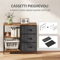 Mobile Cassettiera Multiuso con 3 Cassetti Pieghevoli in Tessuto, Arredamento Soggiorno e Camera, 80x29x71cm, Grigio Scuro
