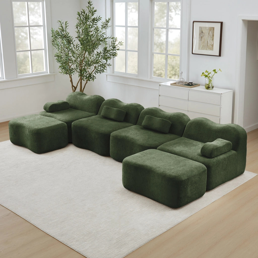 Divano Modulare U 4 Posti con 2 Ottoman ¨C MINIMAL ¨C Tessuto Verde, Cuscini Braccioli Mobili