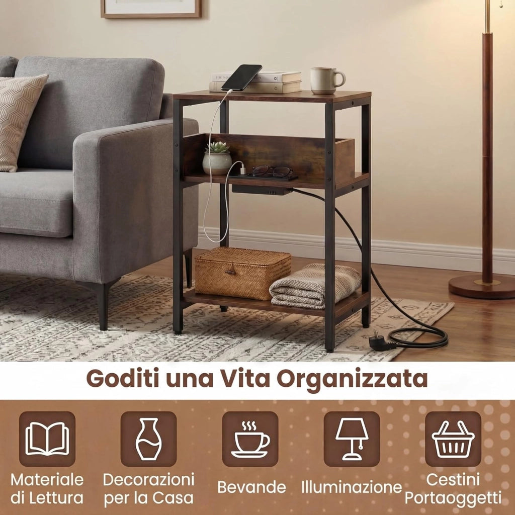 Tavolino Laterale a 3 Livelli con Stazione di Ricarica, Comodino con Presa Elettrica, Porte USB e Ripiani Aperti, Tavolino Stretto 40 x 30 x 61 cm, Tavolino da Salotto e Camera da Letto