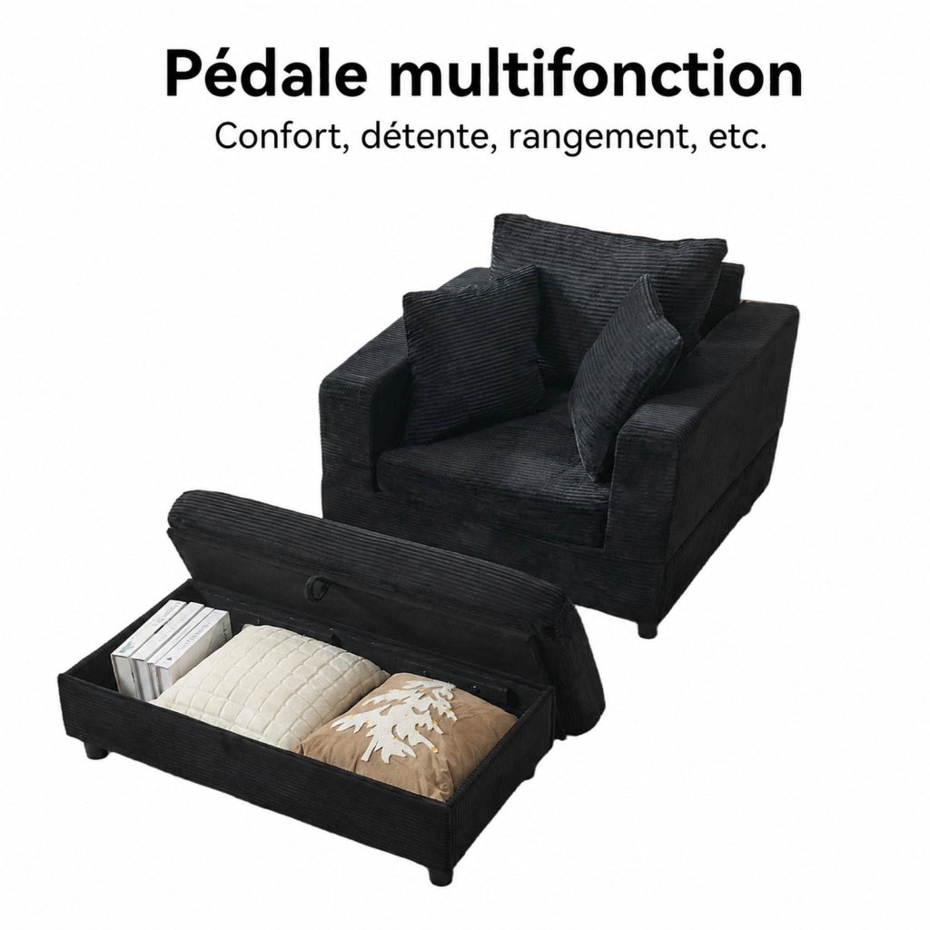 Divano chaise longue con vano contenitore e 3 cuscini in corda, gambe in plastica rinforzata, nero 107 × 74 × 57 cm