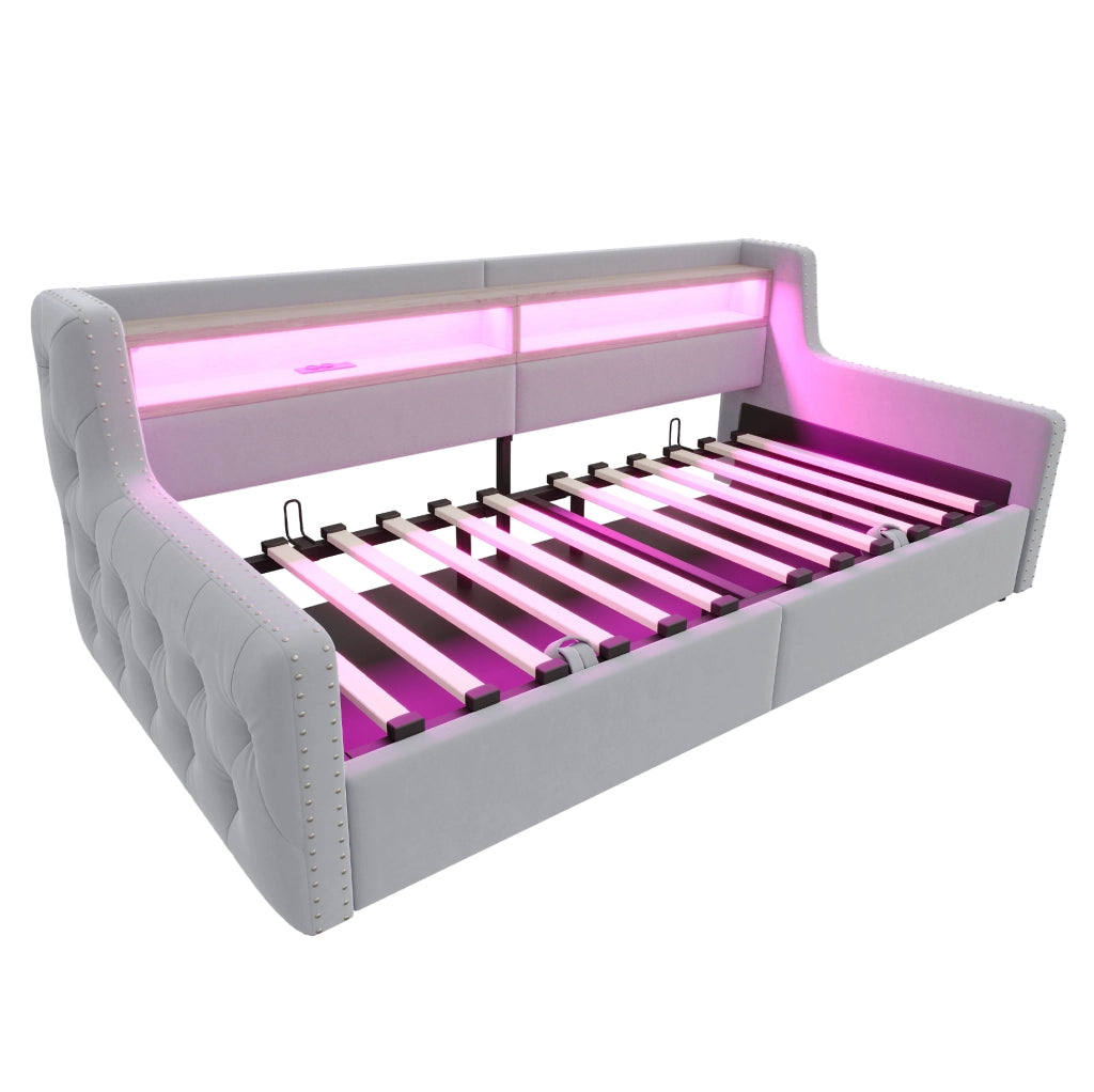 Divano letto 90x200 cm; contenitore idraulico e LED; velluto grigio chiaro