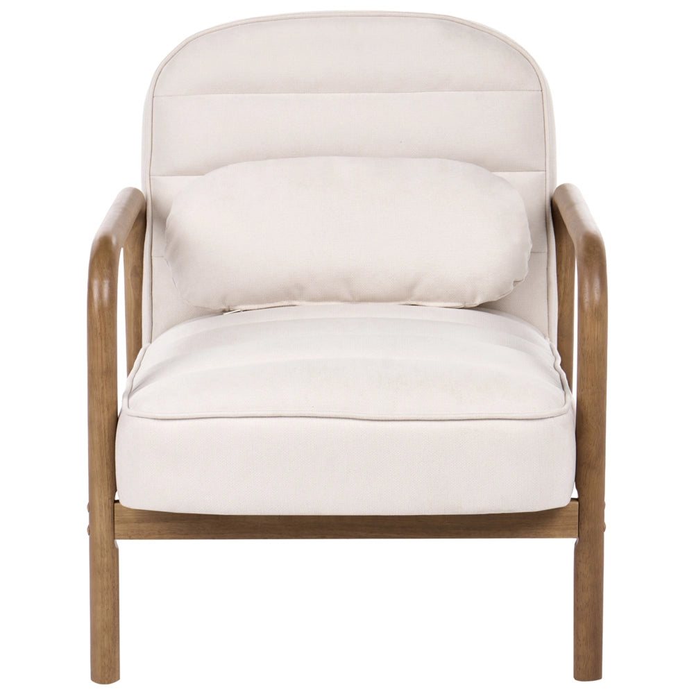Poltrona in tessuto beige chiaro con struttura in legno, stile Mid-Century Modern