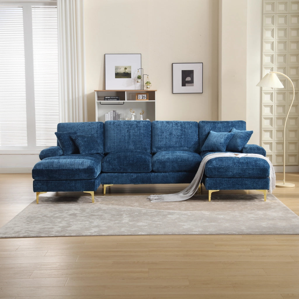 OKWISH Divano Panoramico a U, 4 Posti con Doppia Chaise Longue, Seduta Ergonomica e Cuscini, Ciniglia Blu