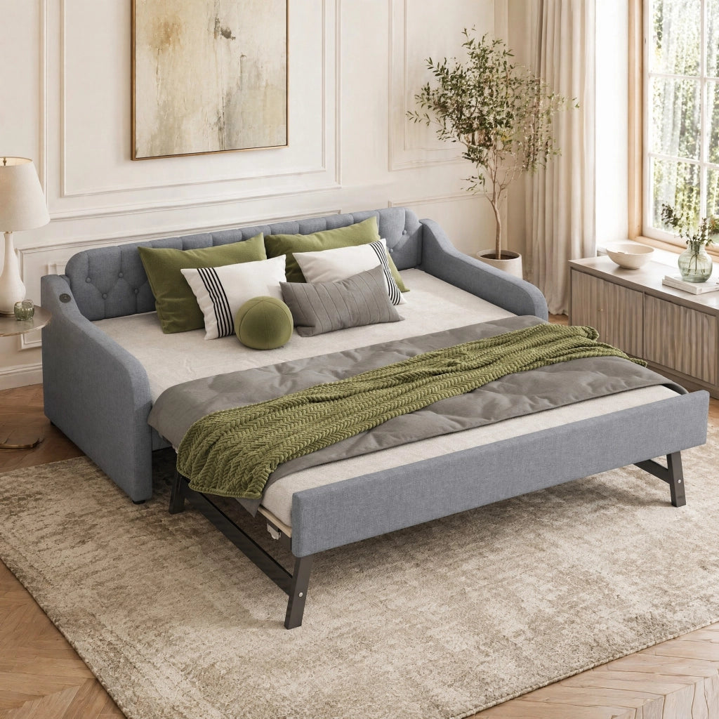 Divano letto estraibile 90x200 cm con USB, grigio