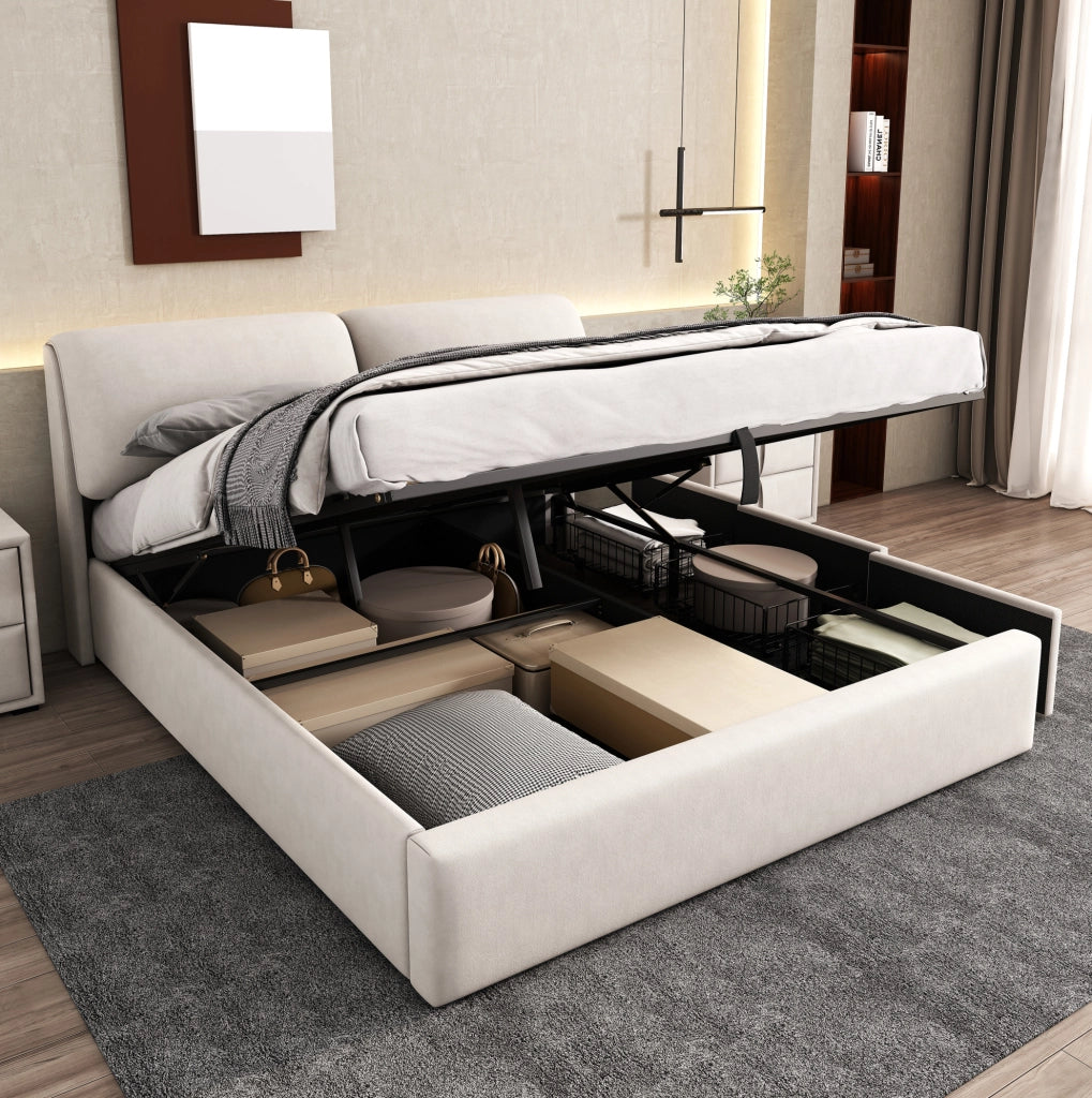 Letto imbottito matrimoniale 180x200 cm in velluto beige con contenitore; 3 cassetti e testiera