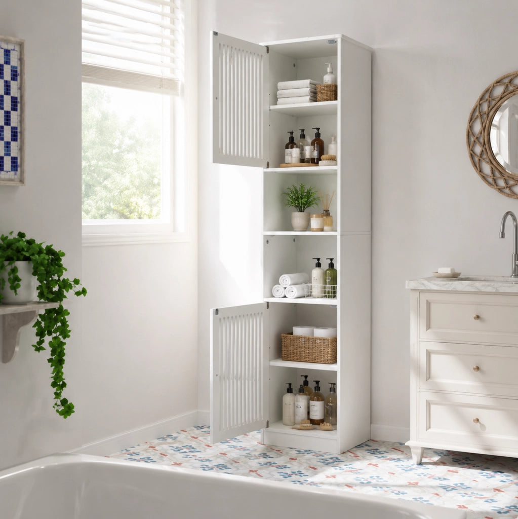 Mobiletto bagno alto 163 cm bianco con ripiani regolabili e ante a lamelle