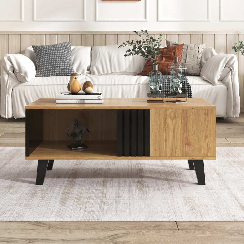 OKWISH Tavolino da Salotto Rettangolare con 3 Vani, Stile Moderno, per Soggiorno, 100×60×45 cm, Naturale e Nero