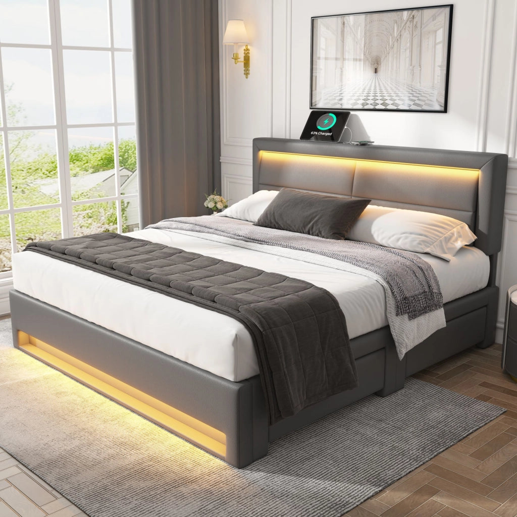 OKWISH Letto con Cassetti 140×200 cm, Letto Matrimoniale con USB, Ricarica Wireless, LED Regolabile e 4 Cassetti, senza Materasso, in PU, Grigio