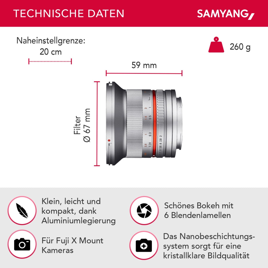 Obiettivo grandangolare a focale fissa 12mm F2.0 APS-C compatibile con Fuji X - APS-C, MF - per fotocamera X-T5, X-H2, X-H2s, X-T4, X-T30, X-T30 II, X-T200, X-Pro3, X-A7, X-T100, X-T3 Argento
