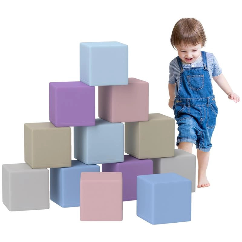 SET 12 CUBI GIOCATTOLO MORBIDI PER BAMBINI 12-36 MESI IN PU ED EPE 20X20X20 CM MULTICOLORE