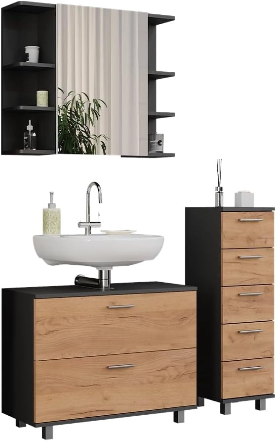 Set di mobili da bagno Ilias, Quercia dorata/antracite, 80.2 cm, composto da mobile sottolavabo, specchiera e mobile medio