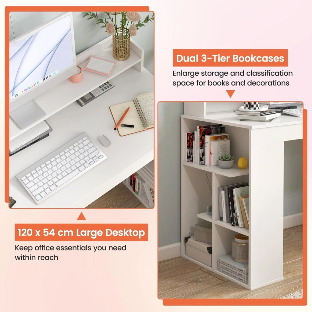 Scrivania con Libreria, Scrivania Moderna con Libreria a Cubi, Tavolo Salvaspazio con Scomparti e Kit Antiribaltamento Adatta a Studio, Ufficio, Camera da Letto, 120 x 54 x 90,5 cm, Bianco