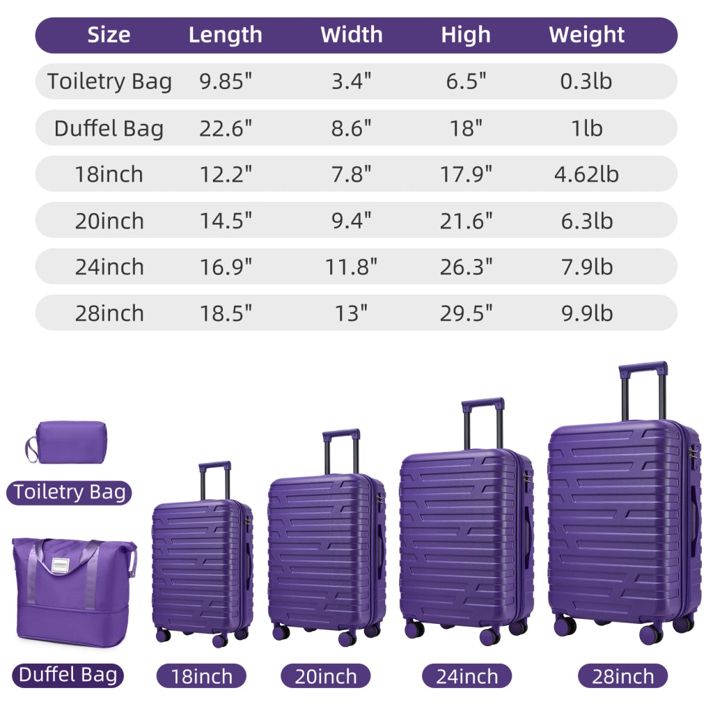 Set di valigie 6 pezzi espandibili rigide con ruote e lucchetto a combinazione con borsa da viaggio ABS viola scuro