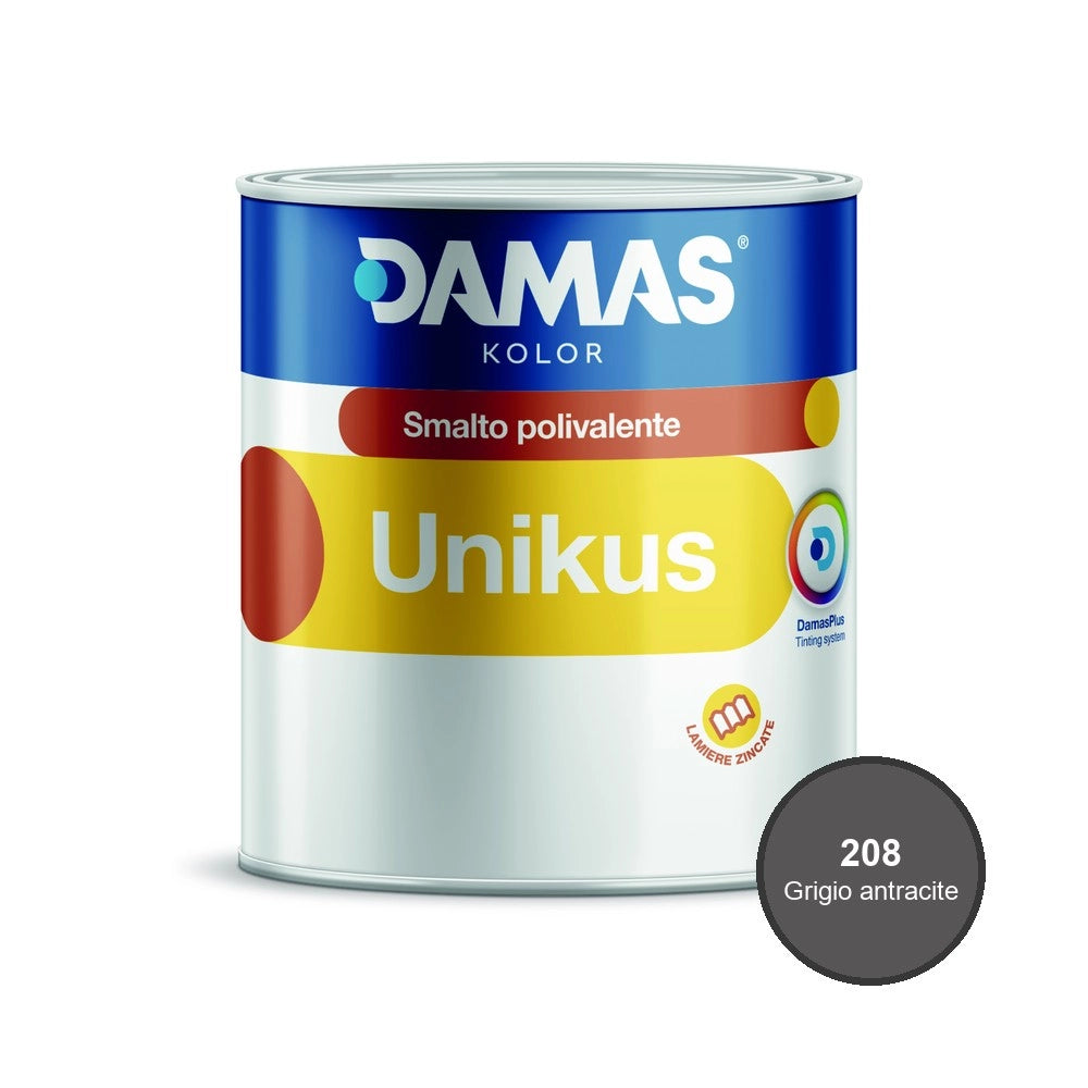 Damas unikus lucido smalto polivalente zincato alluminio plastica pvc *** formato 0,750 lt, colore- 208 grigio antrac...