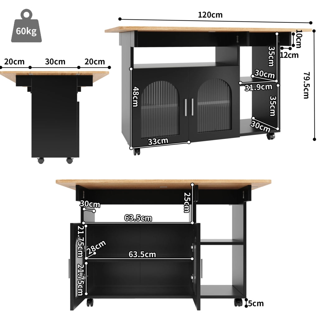Isola da cucina pieghevole 120 cm con ruote, nero/naturale