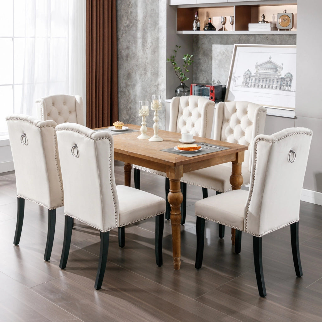 Set 2 sedie da pranzo in velluto beige con gambe in quercia