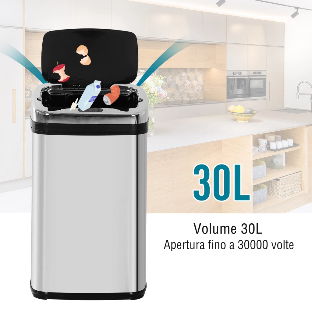 Bidone Immondizia a Infrarossi da 30L con Anello per Sacchetti, in Acciaio Inox e ABS, 33x25x58 cm, Argento