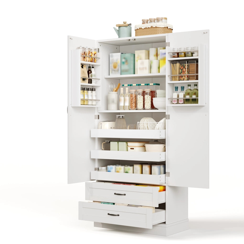 Credenza alta 180x80x37.5 cm con 3 ripiani estraibili e 2 cassetti in MDF bianco
