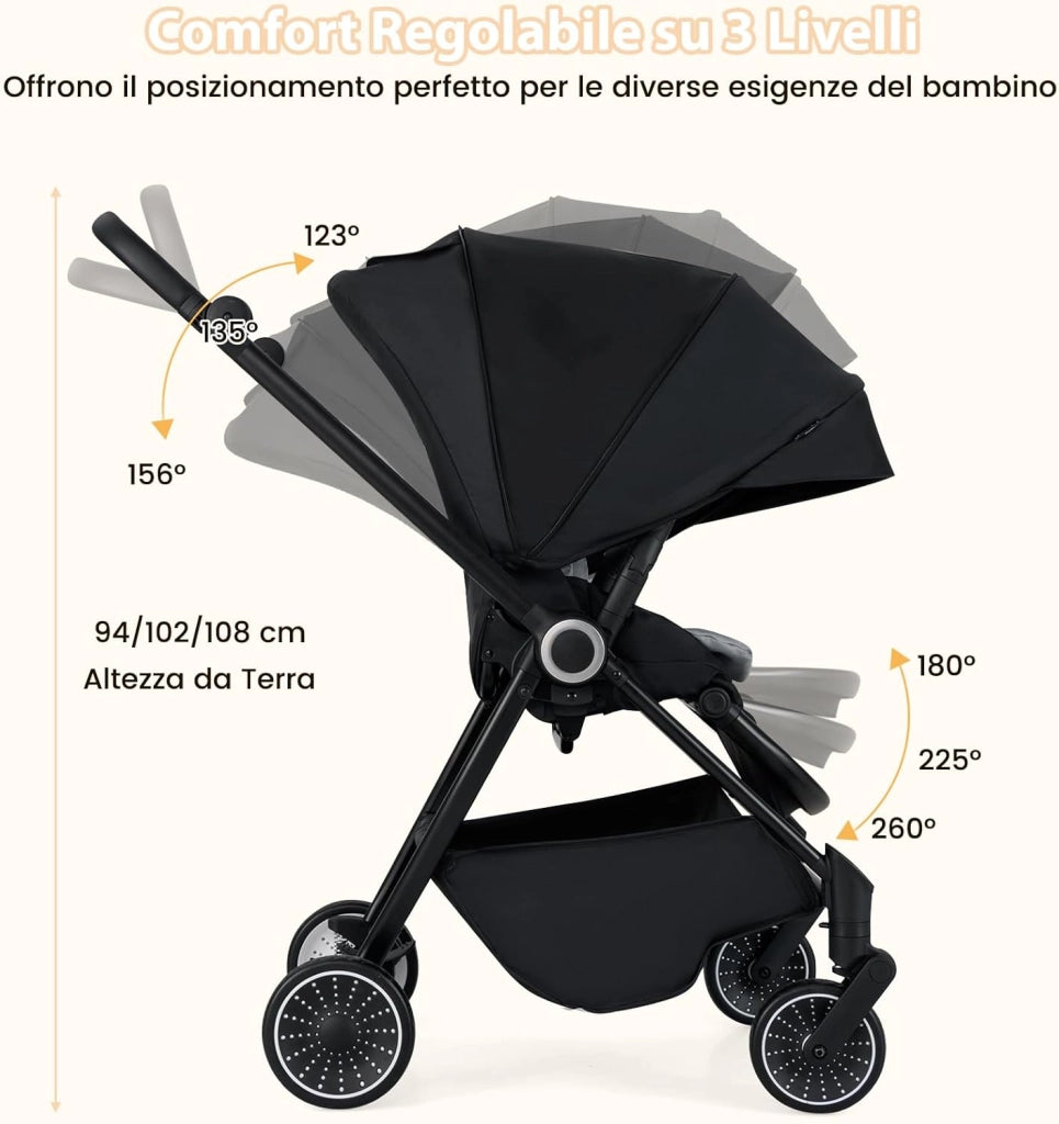 Passeggino per Bambini Reversibile, Passeggino Pieghevole per Neonati con Schienale Reclinabile, Cappotta Regolabile, Cestello Portaoggetti, per Neonati 0-36 Mesi, Portata 15 kg (Nero)