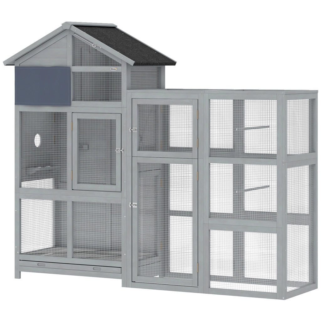 Voliera in Legno ¨C Xylo ¨C 6 Posatoi Cassetto Estraibile Ciotole Acciaio 196x60x164,5cm Grigio