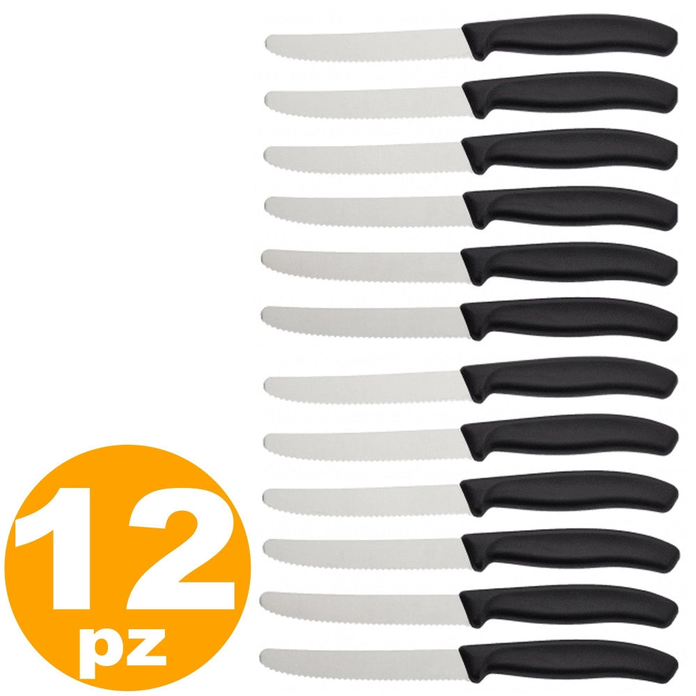 Trade Shop - Set 12 Coltelli Da Tavola Cucina In Acciaio Inox Manico Nero Rivestimento -