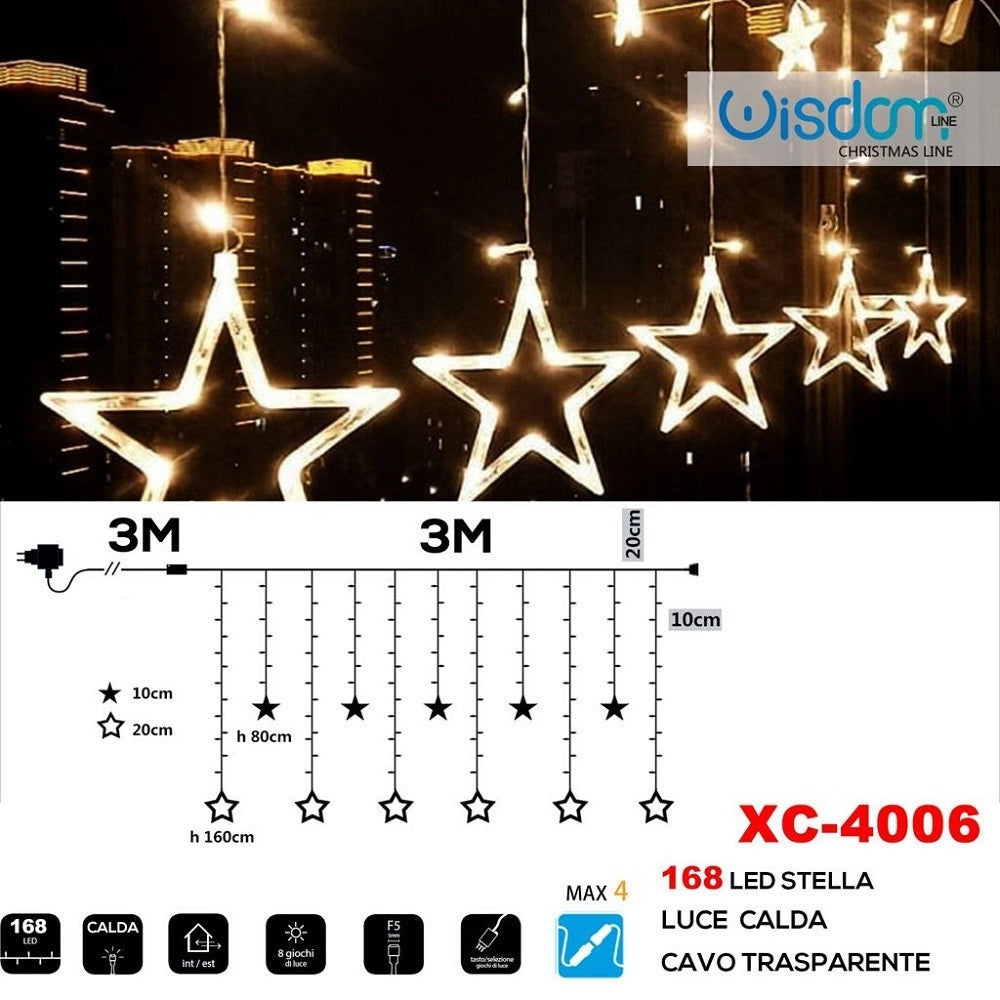 Trade Shop - Tenda Luminosa Natalizia 168 Led Con Stelle Luce Calda Cavo Trasparente Xc-4006 -