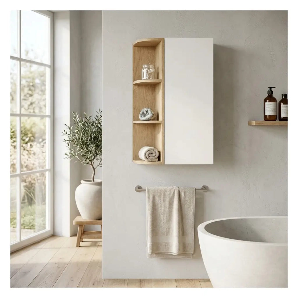 Mobile da Arredo OSTER 45cm – mobile sospeso bianco opaco con 1 anta e 3 nicchie visibili arrotondate in finitura rovere chiaro