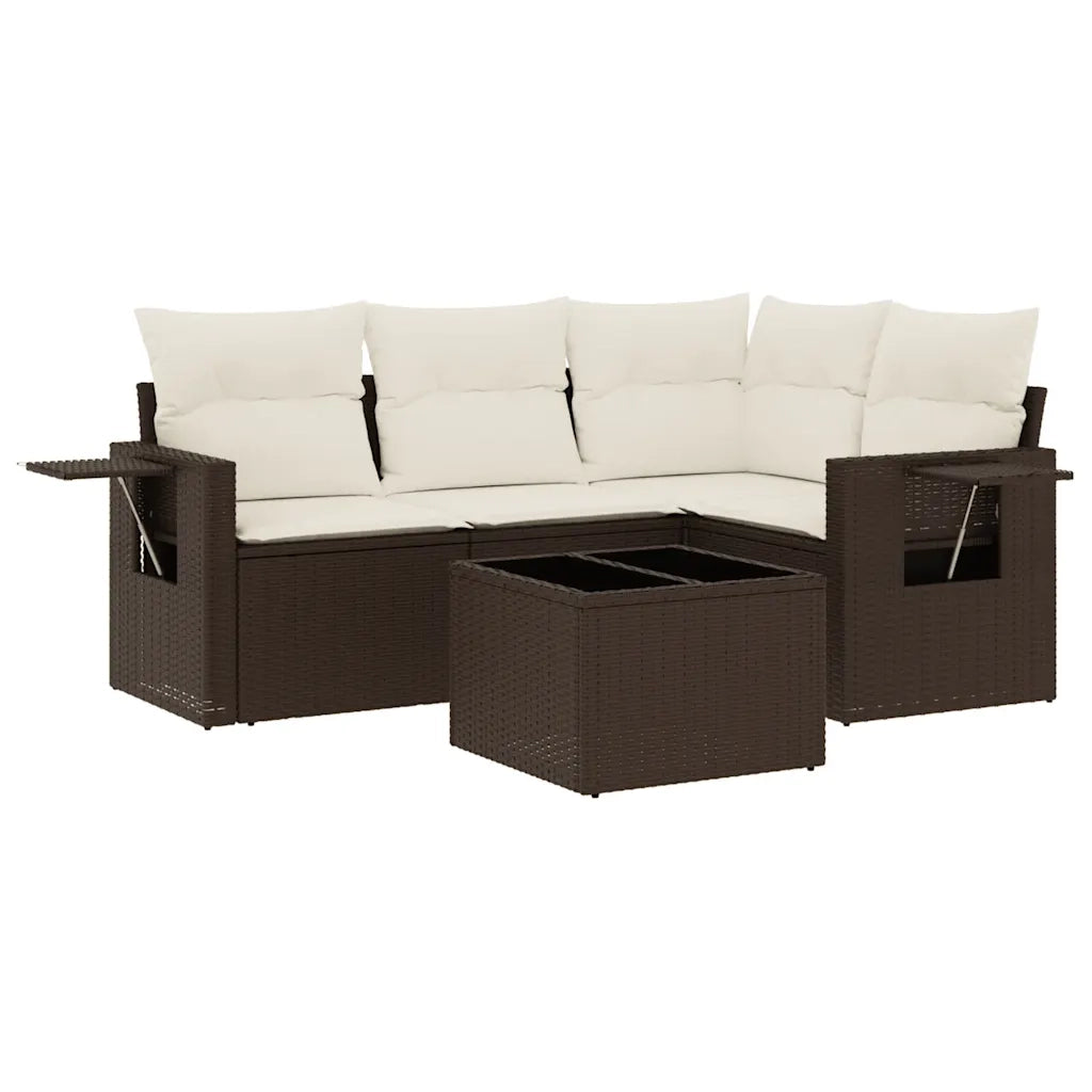 Set Divano da Giardino 5 pz | Set Salotto da Giardino con Cuscini Marrone in Polyrattan