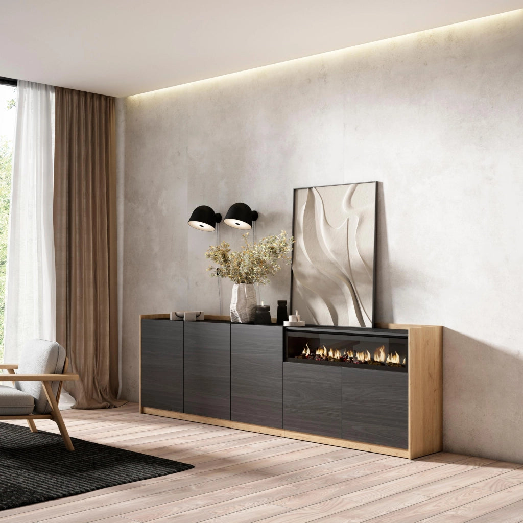 Credenza, Mobile, Cucina, 260x80x37 cm, 5 Porte, Camino elettrico, Nero e rovere