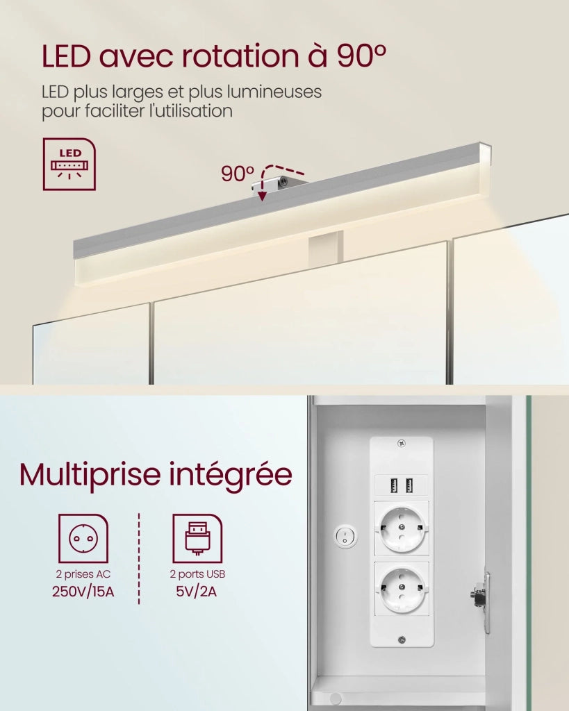 Mobiletto da bagno a 3 ante sospeso con specchio multipresa cestino pensile portaphon e lavabo bianco (12_0006464)