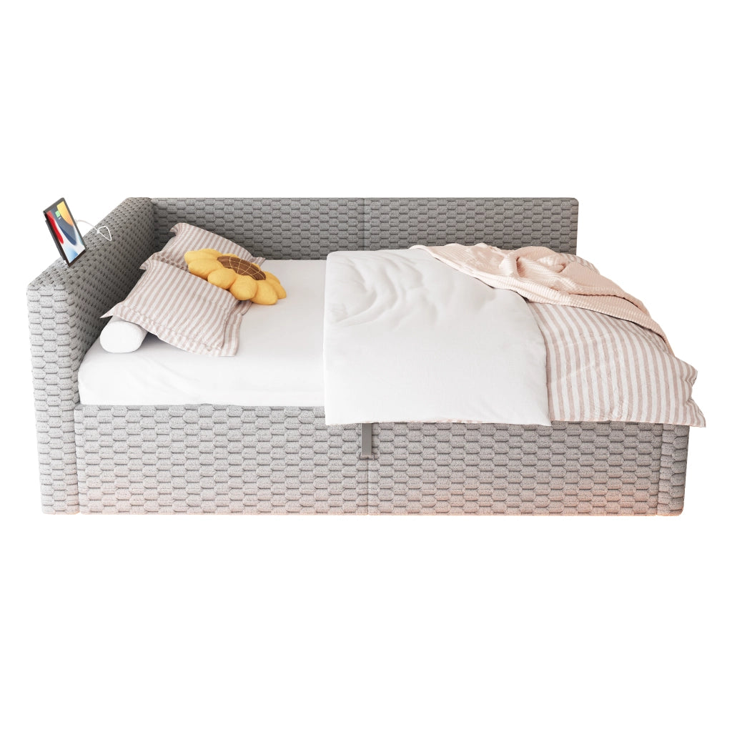 DESMIU Letto contenitore 140 × 200 cm 2 posti con LED, 2 USB, Type-C e vano idraulico, senza materasso, in velluto grigio