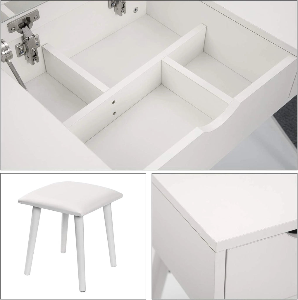 EUGAD Toeletta da Trucco con Specchio Pieghevole, Tavolo da Toeletta con Sgabello ben Imbottito, Scrivania con 2 Cassetti, Moderno, Legno, Bianco, 100x40x75 cm