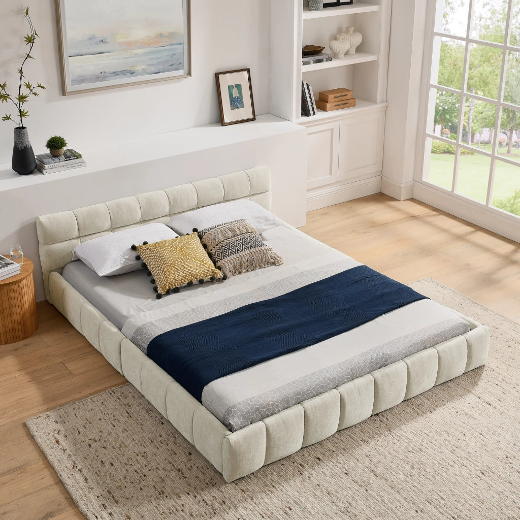Letto Matrimoniale 160x200 cm; in Chenille con Struttura in Legno e Ferro Beige