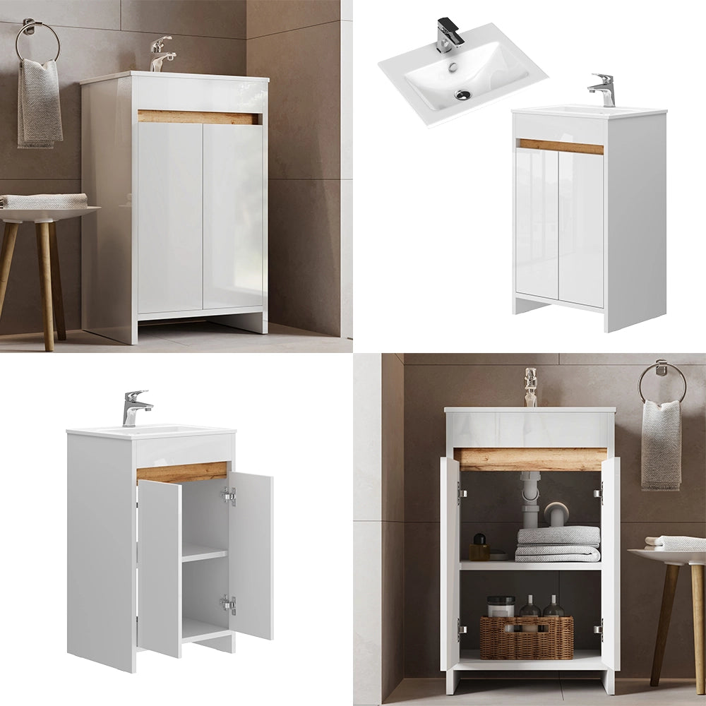 Vicco Set mobili bagno Bianco lucido 2 parti, con lavabo e 2 ante a battente