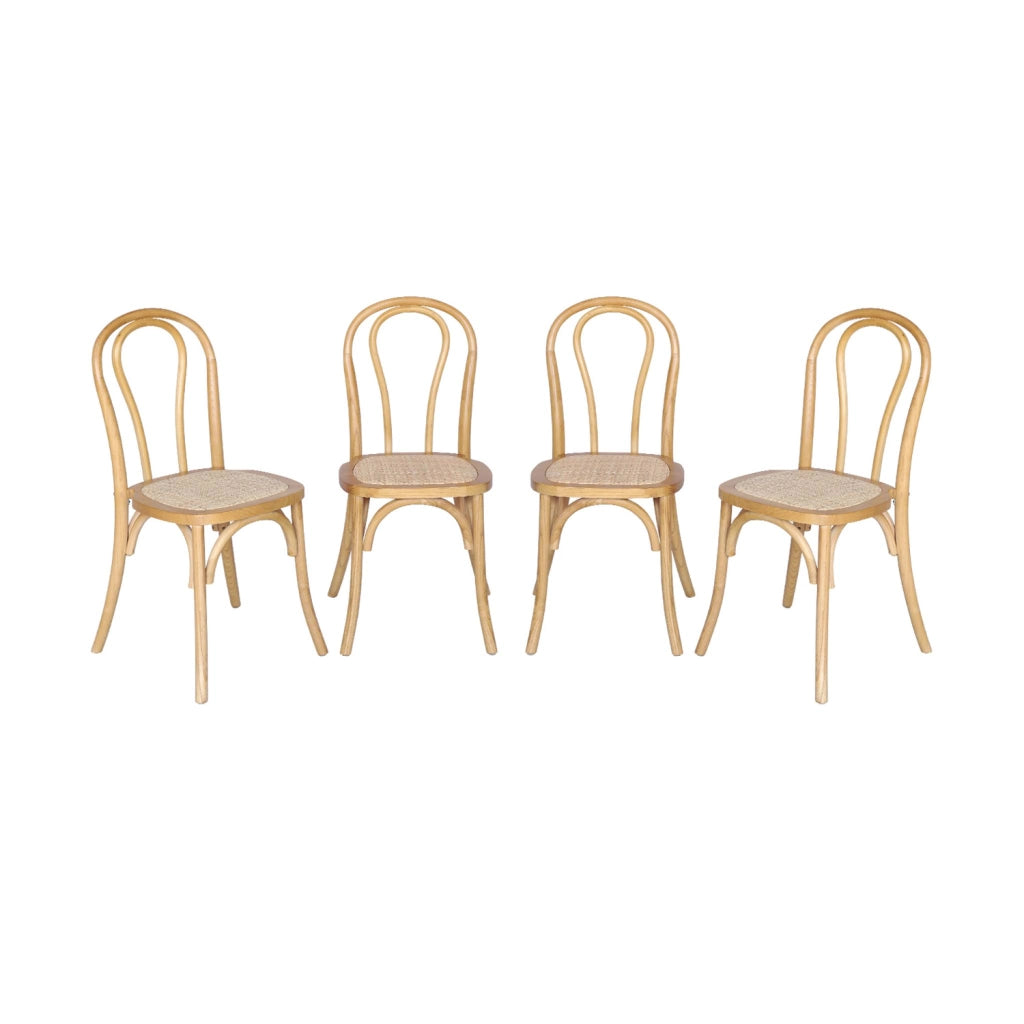 Set di 4 sedie vintage in legno e rattan, marrone naturale