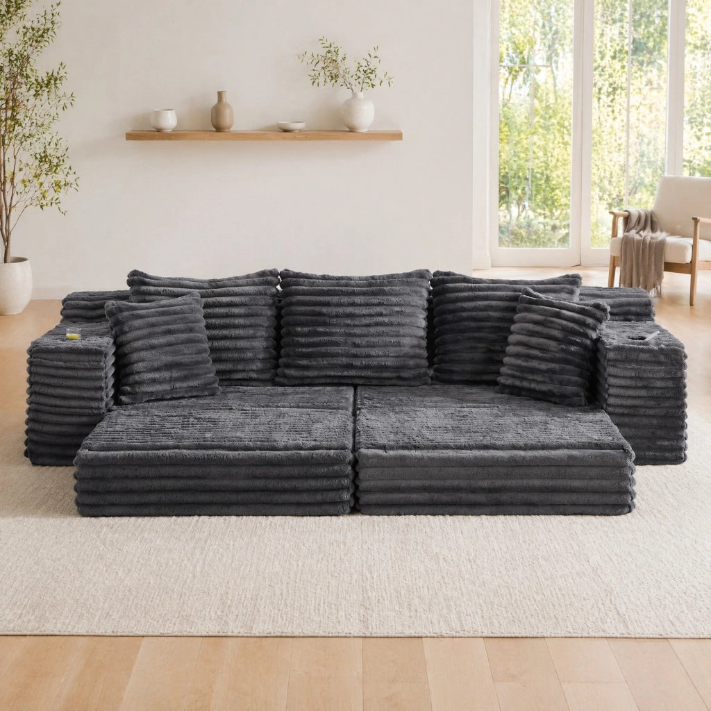 DIVANO Letto modulabile 273x98x87 cm in velluto a coste grigio scuro