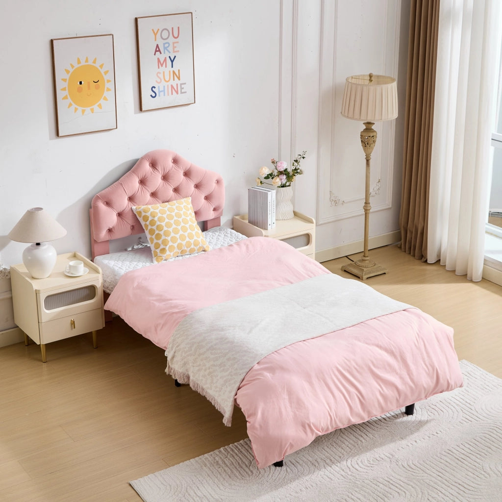 Letto imbottito in velluto rosa dimensioni 90x200 cm