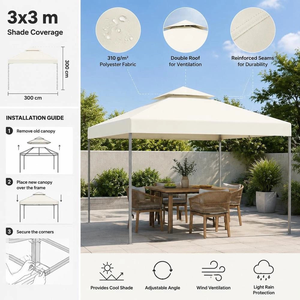 Gazebo Replacement Roof 310 G/square Meter Cream White 3x3 M