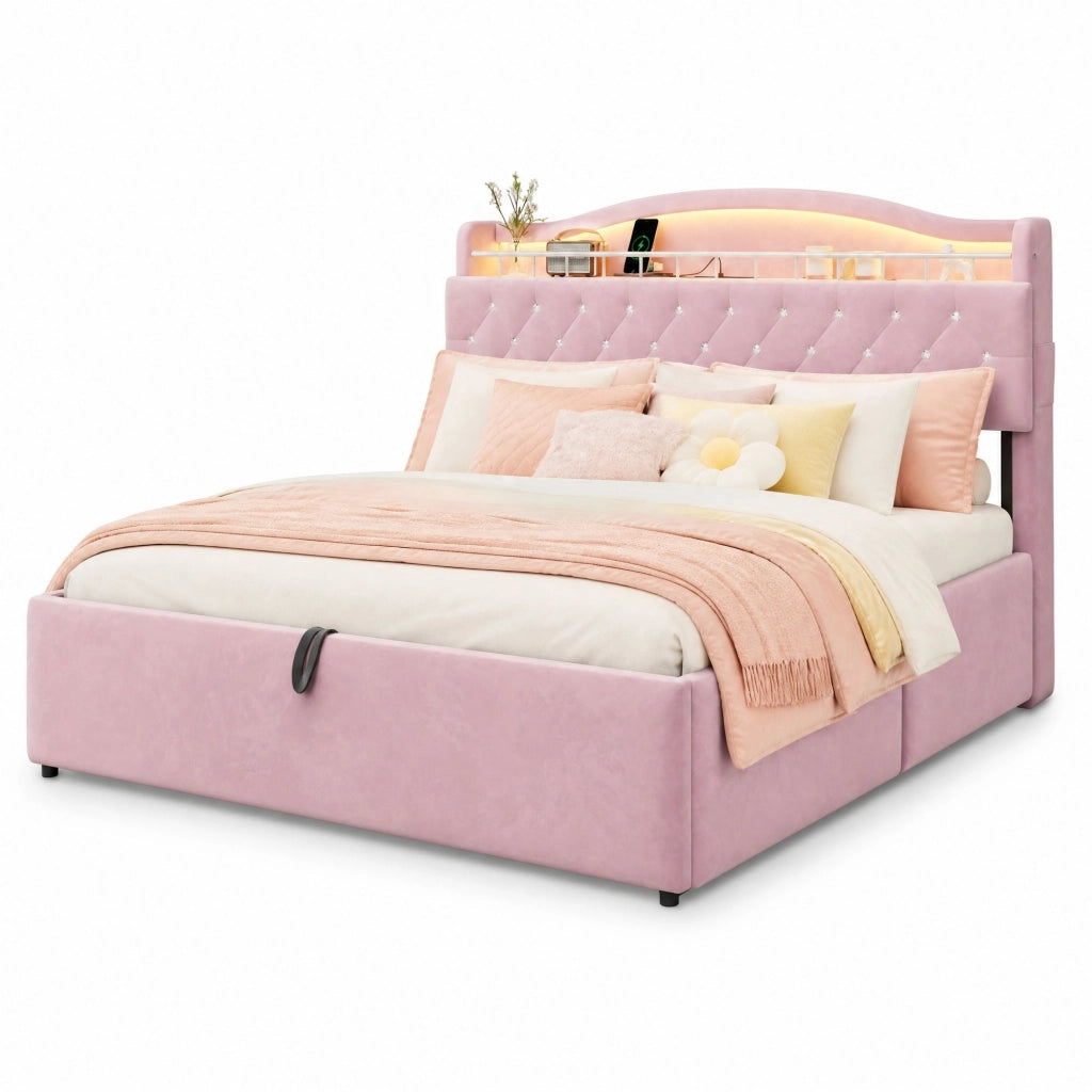 Letto imbottito 180x200 cm rosa in tessuto; contenitore idraulico e LED